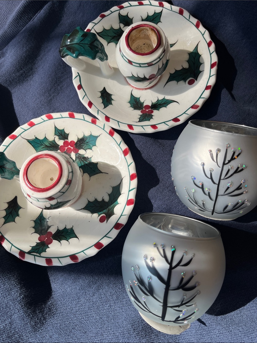 Holiday Holly Candle Holder 2  Set - White, Green & Red other is pearl grey